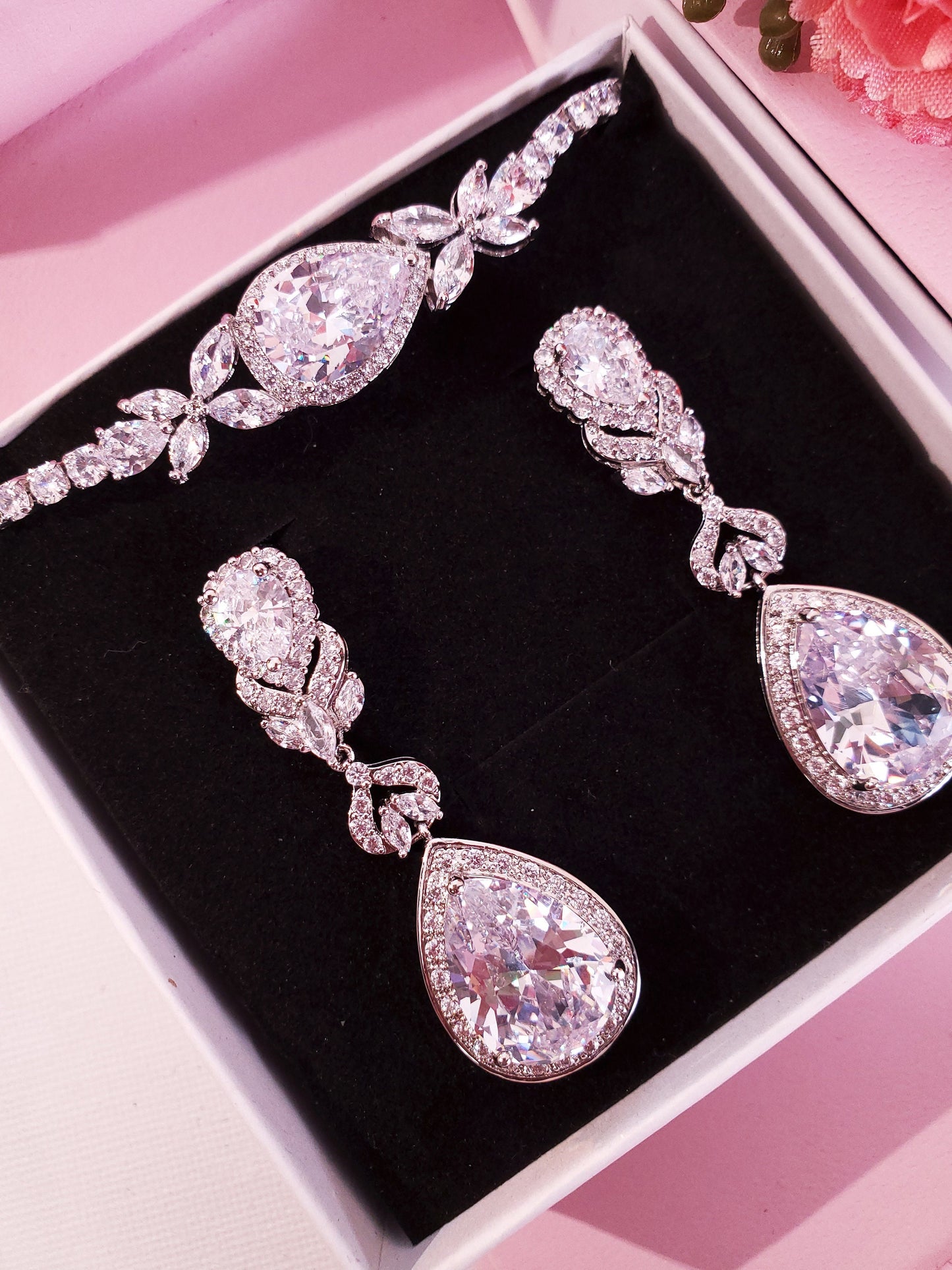 Teardrop bridal earrings Silver long dangle drop BRIDAL JEWELRY SET Zirconia Bridal Earrings bracelet
