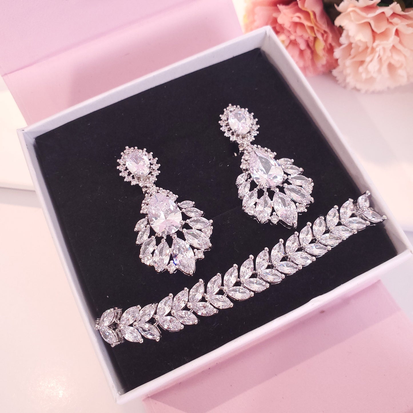 Silver earrings vintage wedding earrings bridal floral earrings statement wedding earrings teardrop Zirconia jewelry set bridal jewelry set