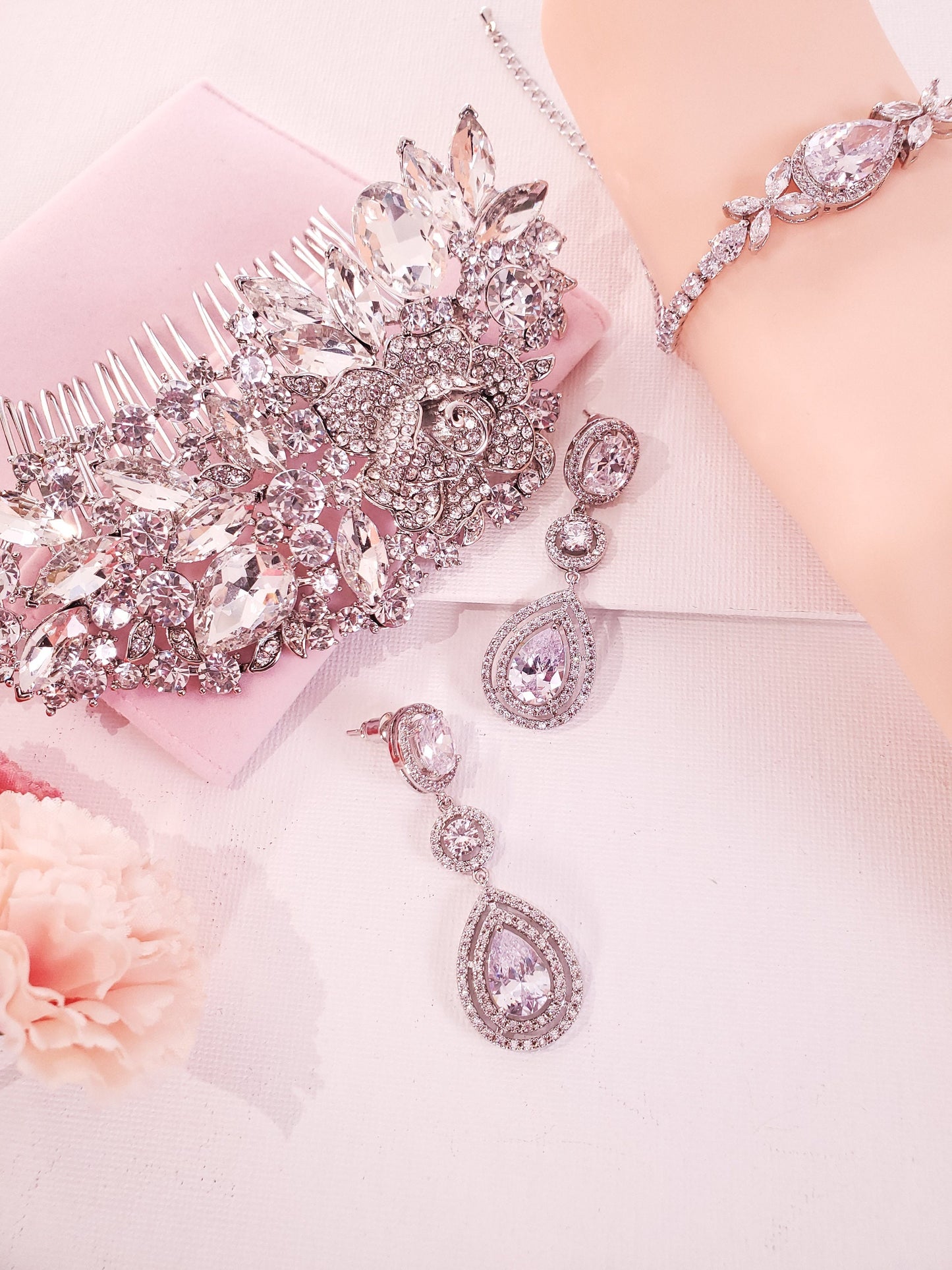 Teardrop earrings prom earrings bridal earrings dangle bridal hair comb silver hair comb wedding jewelry bridal jewelry set bridal bracelet
