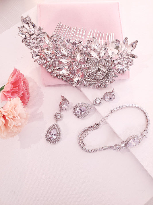 Teardrop earrings prom earrings bridal earrings dangle bridal hair comb silver hair comb wedding jewelry bridal jewelry set bridal bracelet