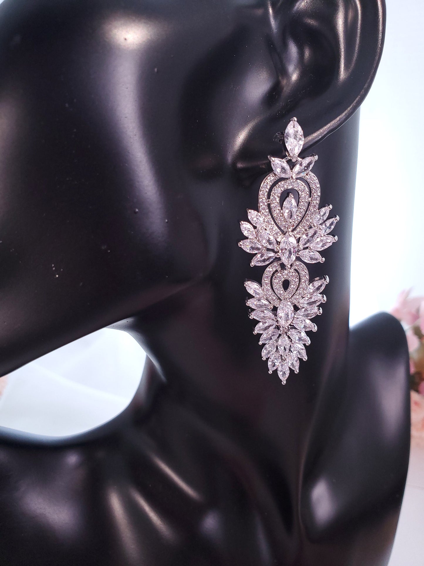 Silver Bridal Earrings pageant earrings long bridal earrings bridal jewelry dangle drop earring for brides silver bridal bracelet