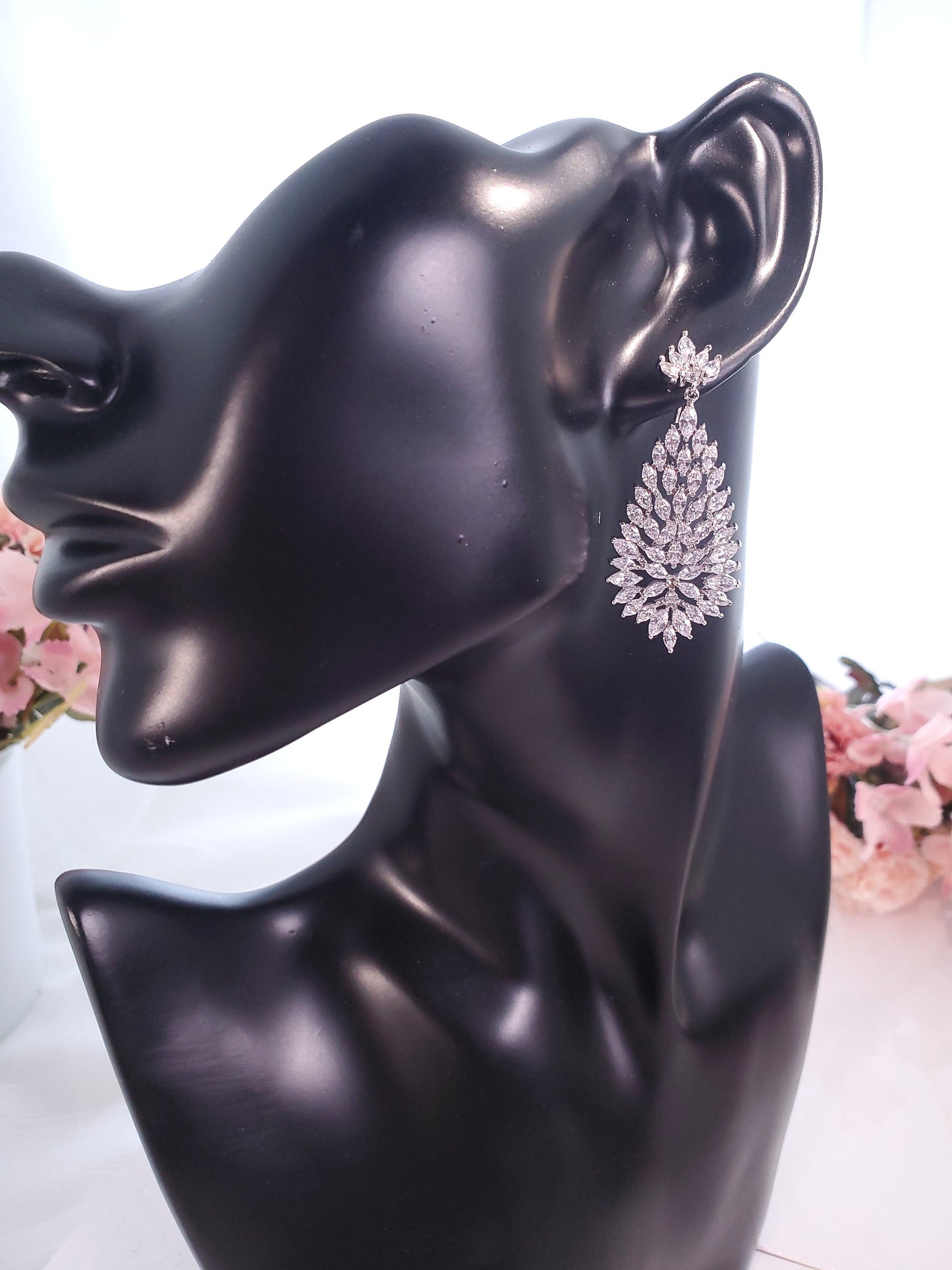 Silver bridal earring set, Silver Diamond Drop Wedding Earrings,Statement Bridal Earrings,Long Drop Bridal wedding Earrings for brides