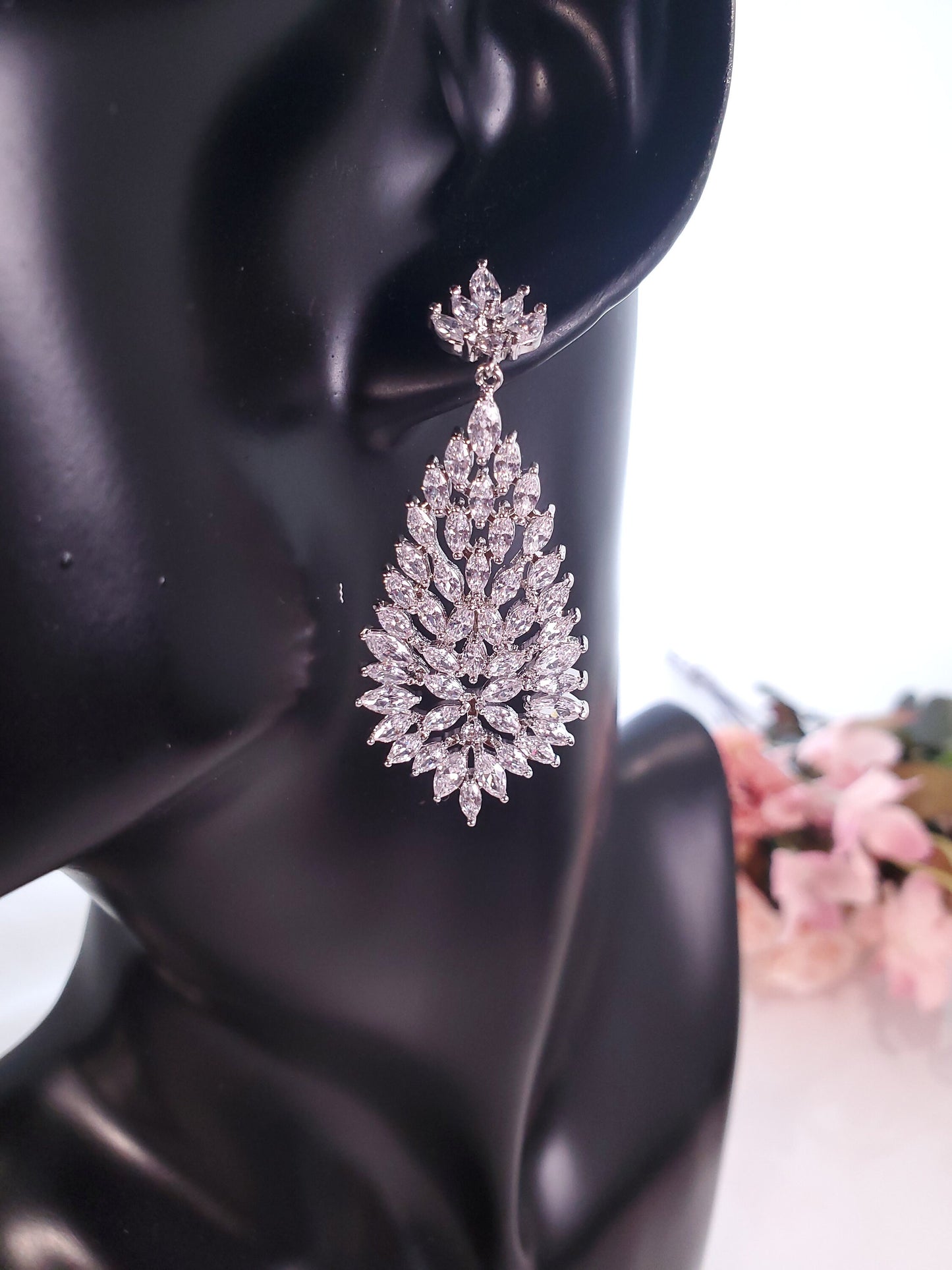 Silver bridal earring set, Silver Diamond Drop Wedding Earrings,Statement Bridal Earrings,Long Drop Bridal wedding Earrings for brides