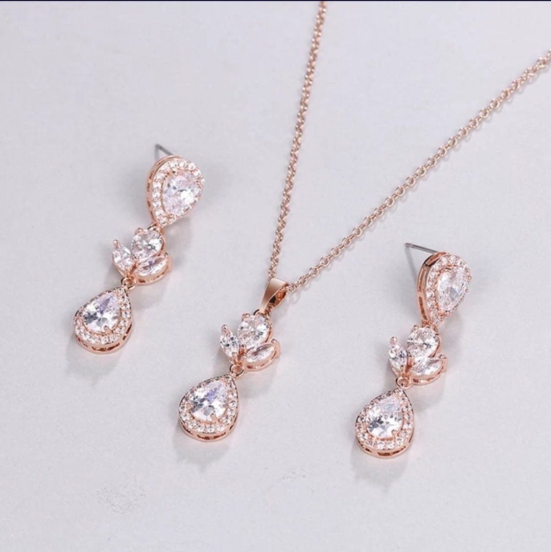 Bridal necklace set wedding earring wedding necklace silver earrings bridal jewelry set CZ drop earring silver bridal jewelry set