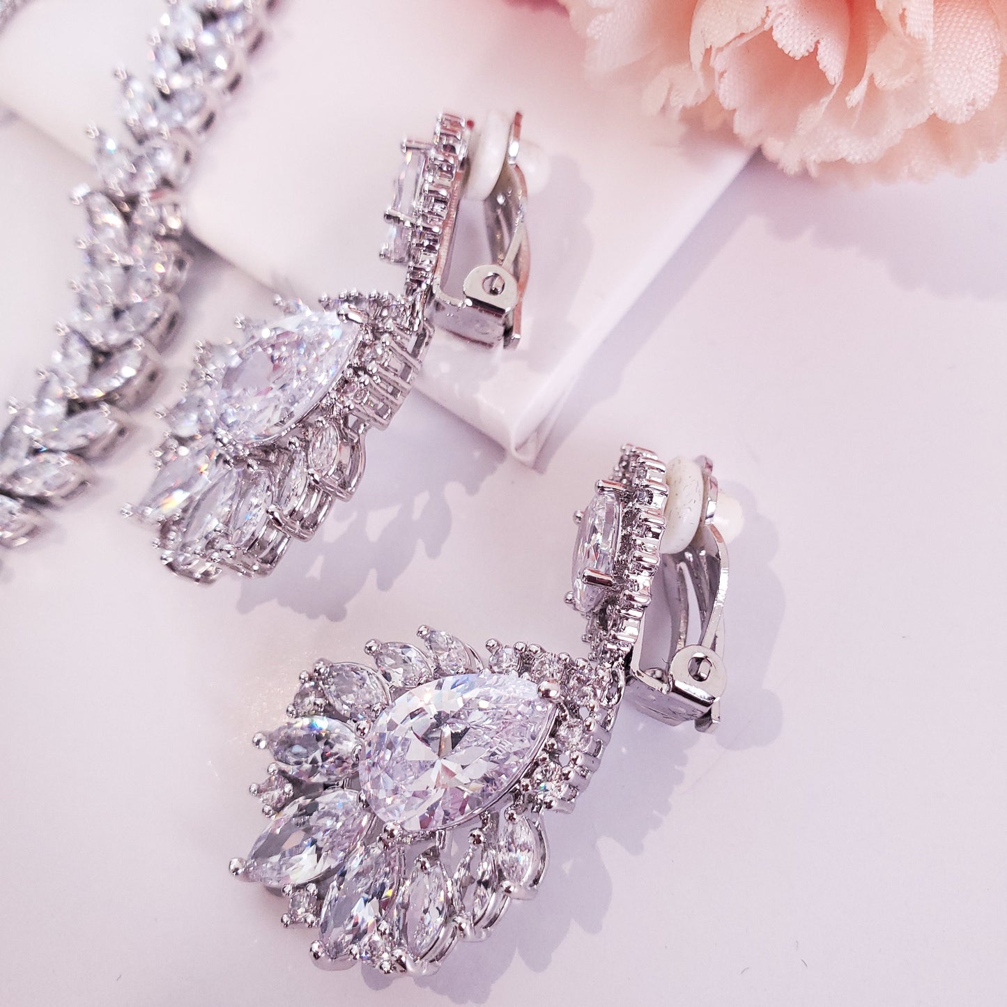 Silver earrings vintage wedding earrings bridal floral earrings statement wedding earrings teardrop Zirconia jewelry set bridal jewelry set