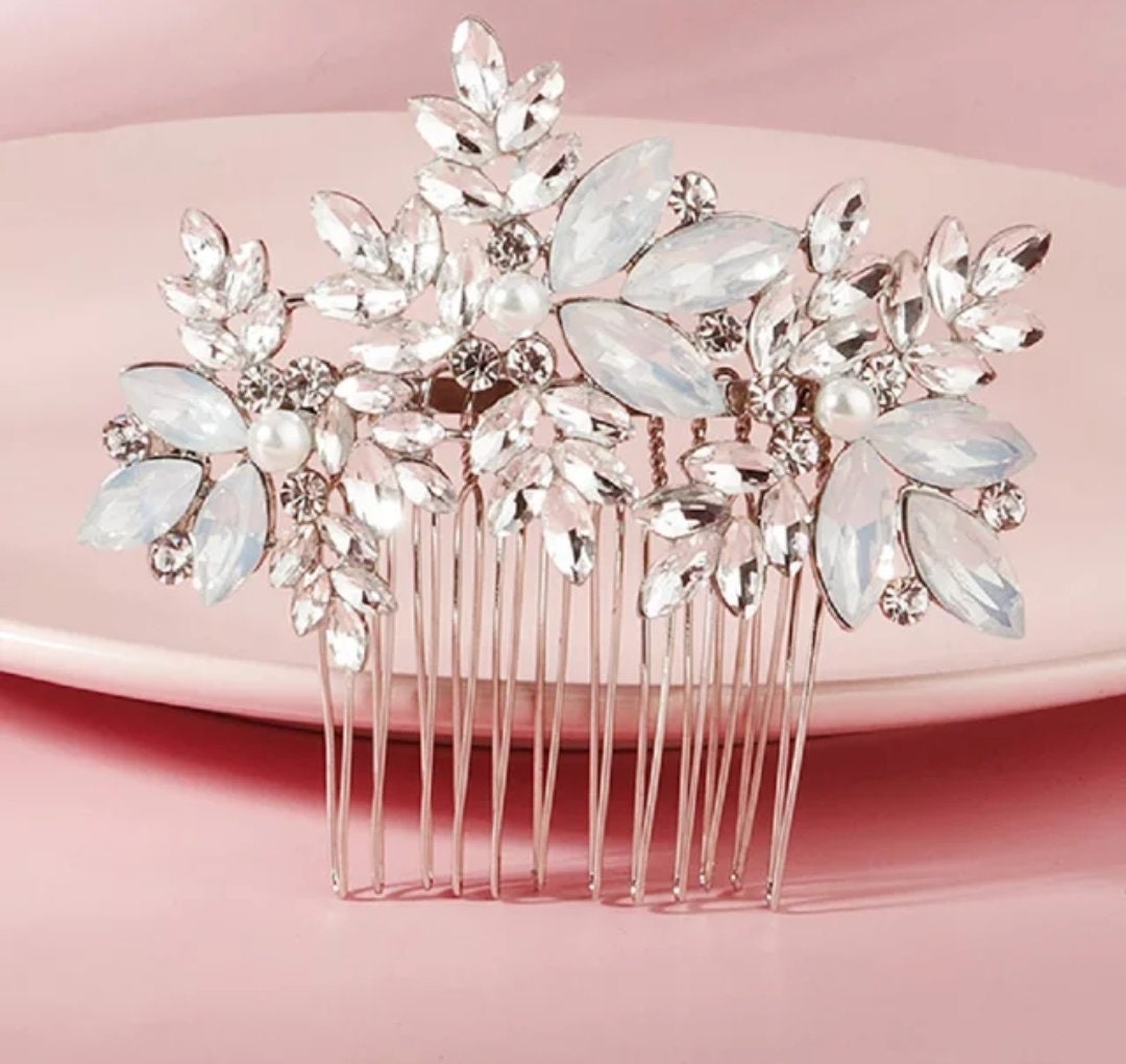 Minimalist Small Bridal Hair Comb - Opal Crystals Wedding Hair Comb
