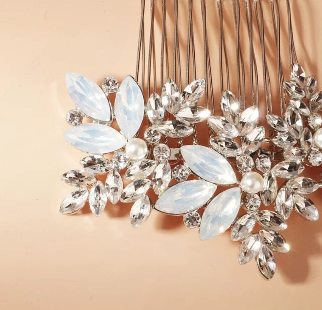 Minimalist Small Bridal Hair Comb - Opal Crystals Wedding Hair Comb