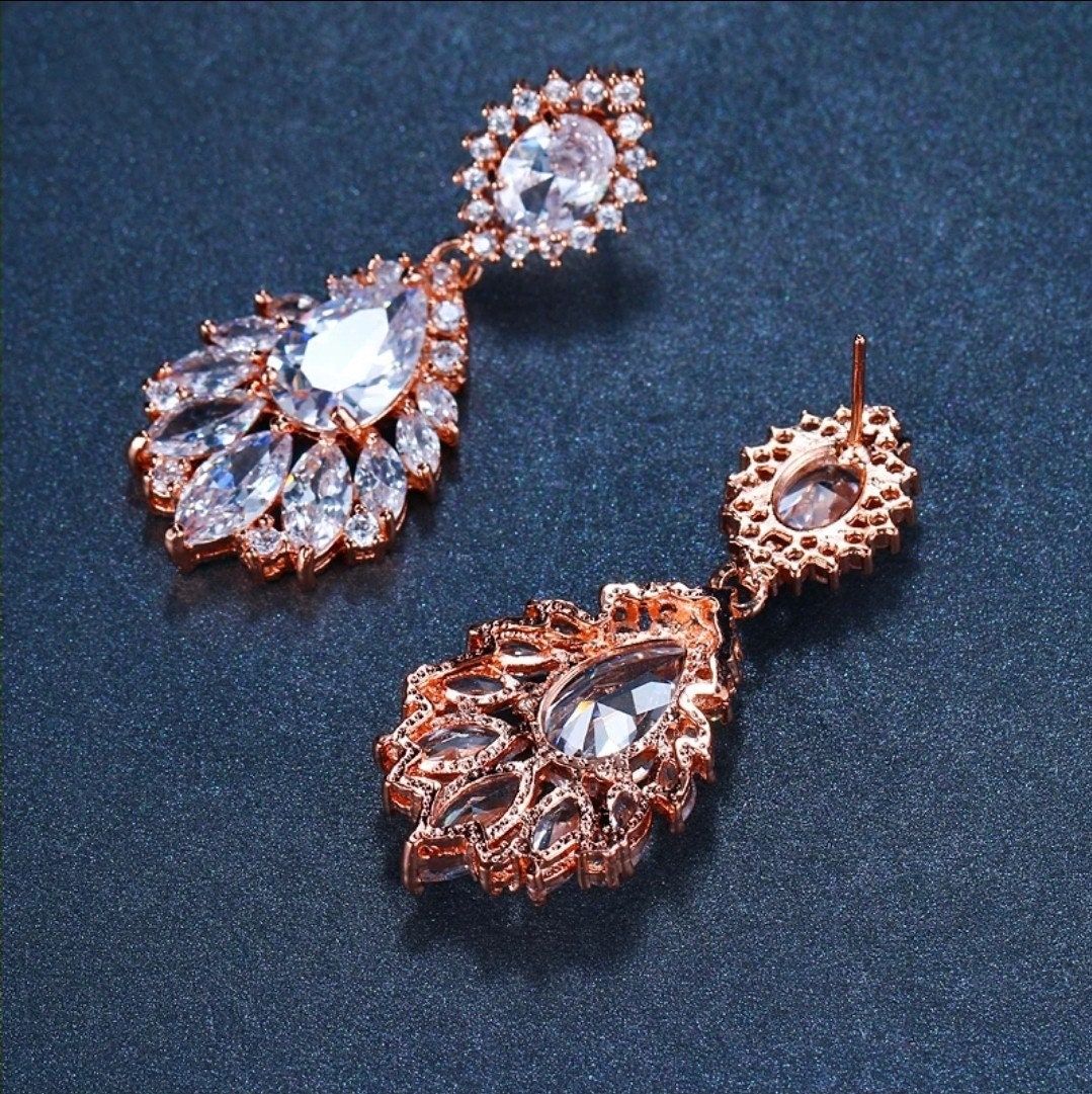 Silver earrings vintage wedding earrings bridal floral earrings statement wedding earrings teardrop Zirconia jewelry set bridal jewelry set