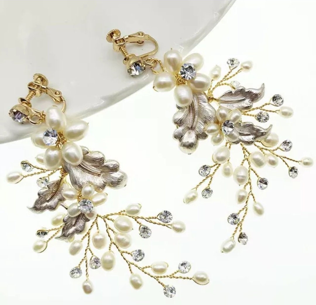 Freshwater Pearl earrings Swarovski Boho Wedding Earrings floral vine earrings boho bridal earrings Long Bridal Earrings statement earring
