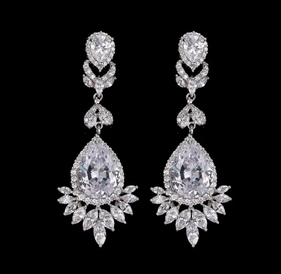 Teardrop bridal earrings Silver long dangle drop BRIDAL JEWELRY SET Zirconia Bridal Earrings bracelet