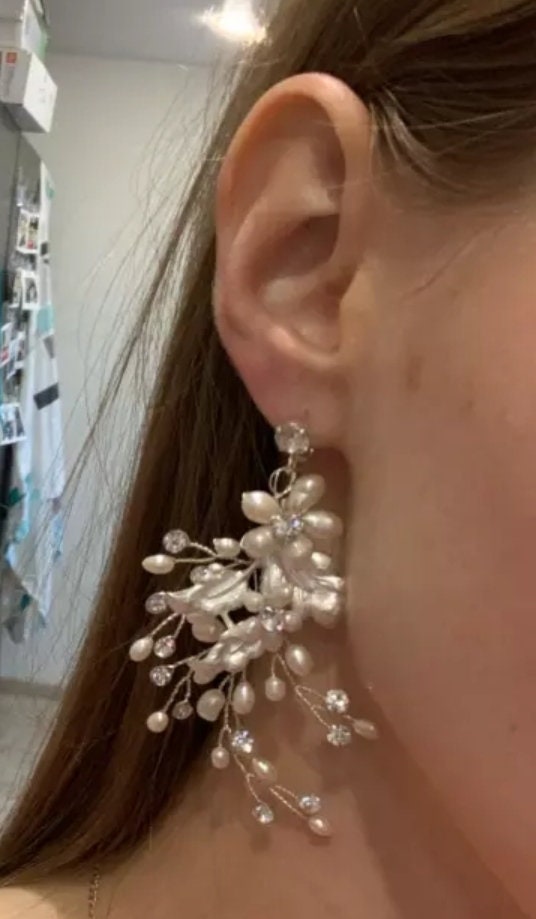 Freshwater Pearl earrings Swarovski Boho Wedding Earrings floral vine earrings boho bridal earrings Long Bridal Earrings statement earring