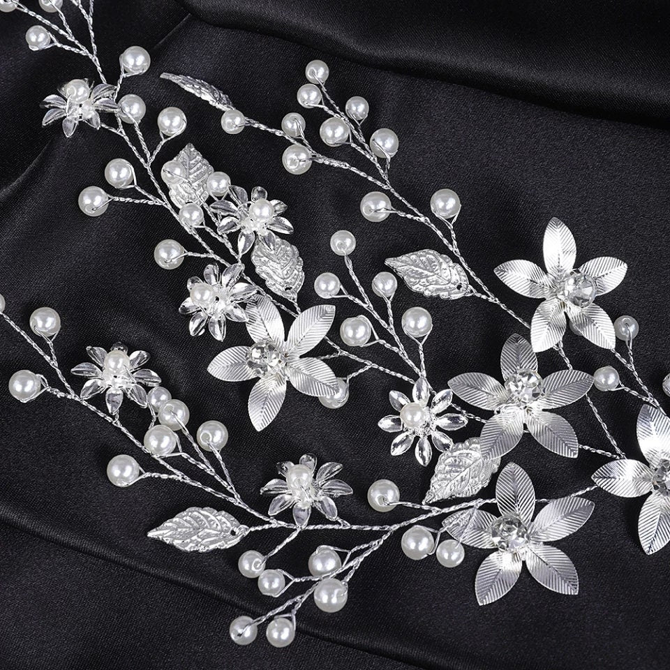 Silver floral hair vine floral bridal hair vine floral wedding hairpiece