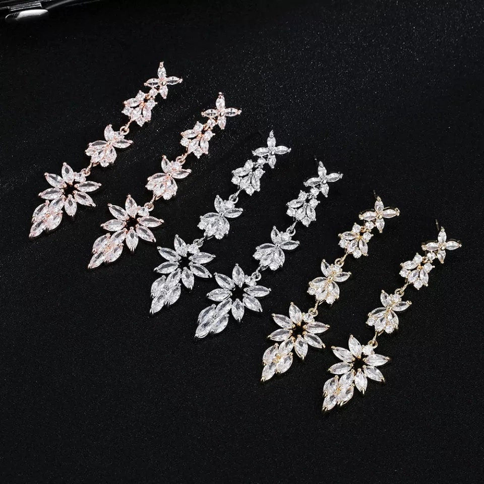 Diamond Prom earrings silver long crystal earrings trendy earrings bridal earrings dainty long earrings floral earrings wedding jewelry
