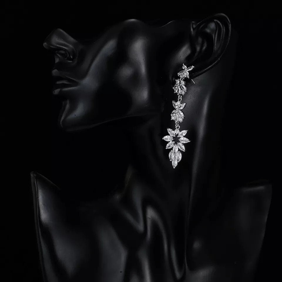Diamond Prom earrings silver long crystal earrings trendy earrings bridal earrings dainty long earrings floral earrings wedding jewelry