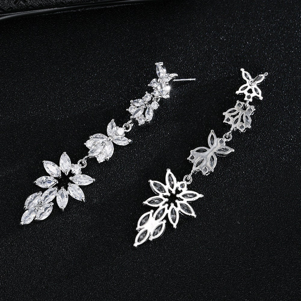 Diamond Prom earrings silver long crystal earrings trendy earrings bridal earrings dainty long earrings floral earrings wedding jewelry