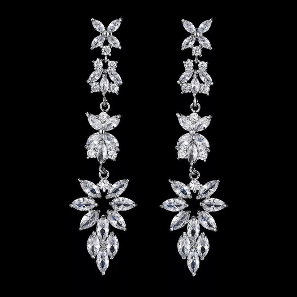 Diamond Prom earrings silver long crystal earrings trendy earrings bridal earrings dainty long earrings floral earrings wedding jewelry