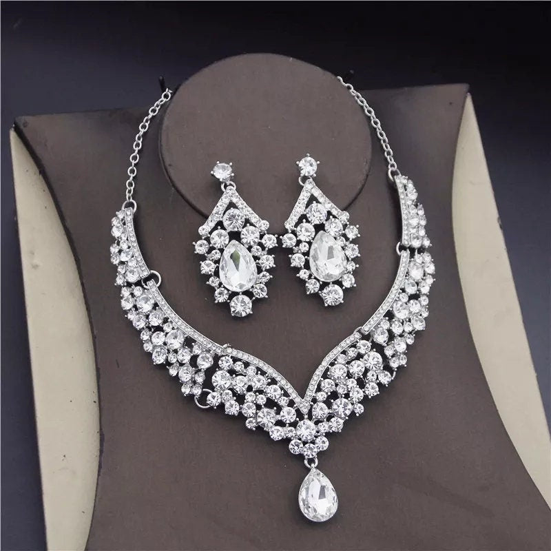 Silver bridal necklace set cheap crystal wedding jewelry set bridal Jewelry Set with tiara Wedding Jewelry for Brides Jewelry for Wedding