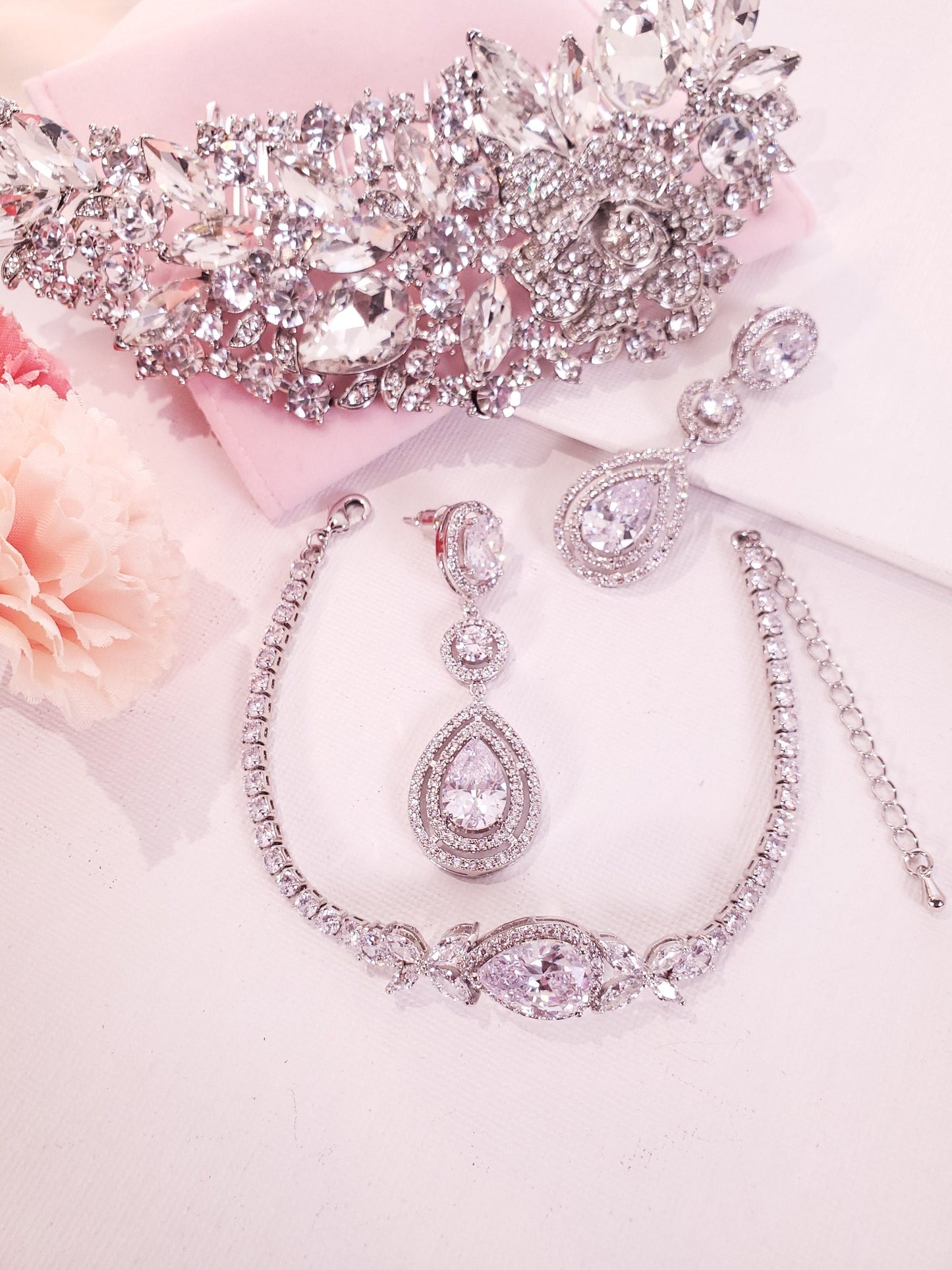 Teardrop earrings prom earrings bridal earrings dangle bridal hair comb silver hair comb wedding jewelry bridal jewelry set bridal bracelet