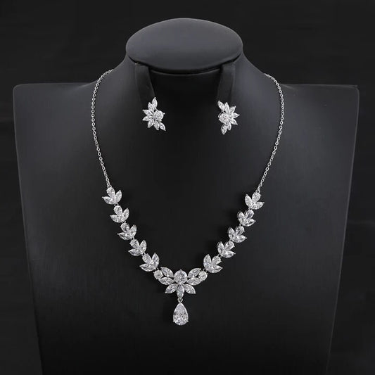 Silver necklace set Wedding Jewelry bridal necklace and earrings set bridal Jewelry Set, zirconia necklace for Bride silver earring