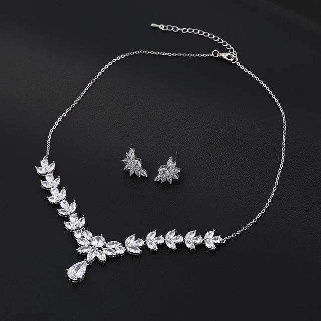 Silver necklace set Wedding Jewelry bridal necklace and earrings set bridal Jewelry Set, zirconia necklace for Bride silver earring