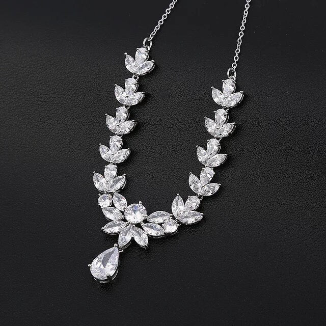 Silver necklace set Wedding Jewelry bridal necklace and earrings set bridal Jewelry Set, zirconia necklace for Bride silver earring