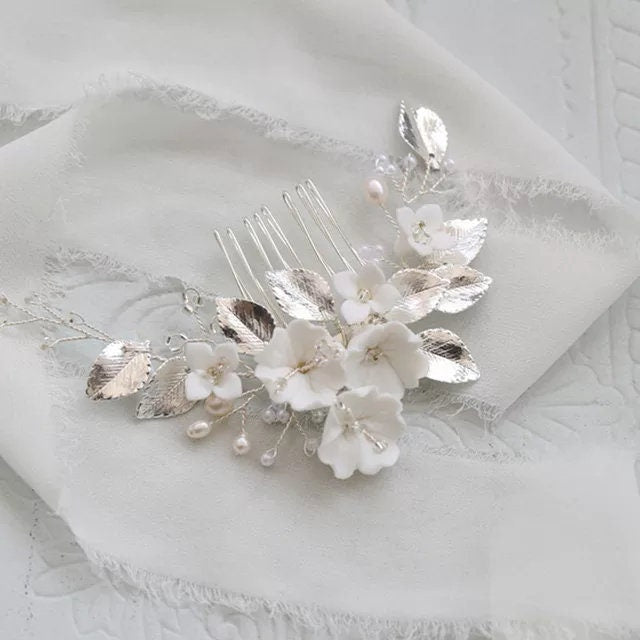 Gold Leaves White Flower Hair Comb Bride, Wedding Hair Comb Bridal Hair Comb Wedding Hair Accessories