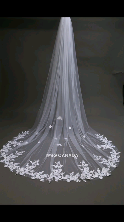 Long Veil Floral Cluster Lace Trim Cascade and Scatter - Elysia Blossom