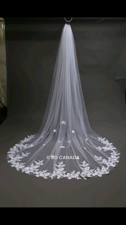 Long Veil Floral Cluster Lace Trim Cascade and Scatter - Elysia Blossom