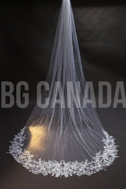 Cathedral Pearl Veil with Floral Vine Lace Trim - Celestia Pearl Blossom