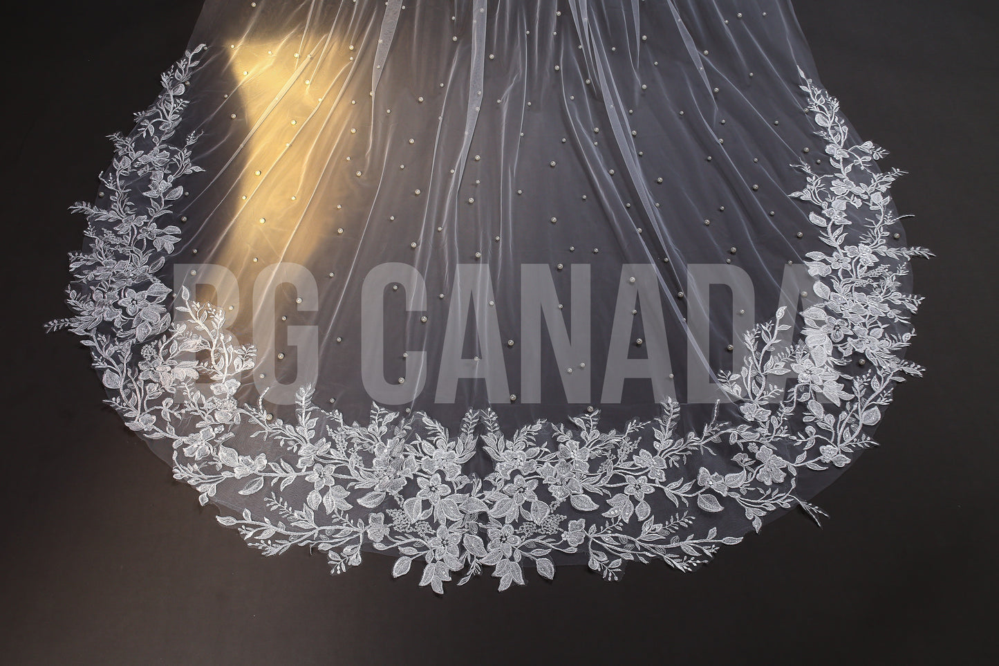 Cathedral Pearl Veil with Floral Vine Lace Trim - Celestia Pearl Blossom