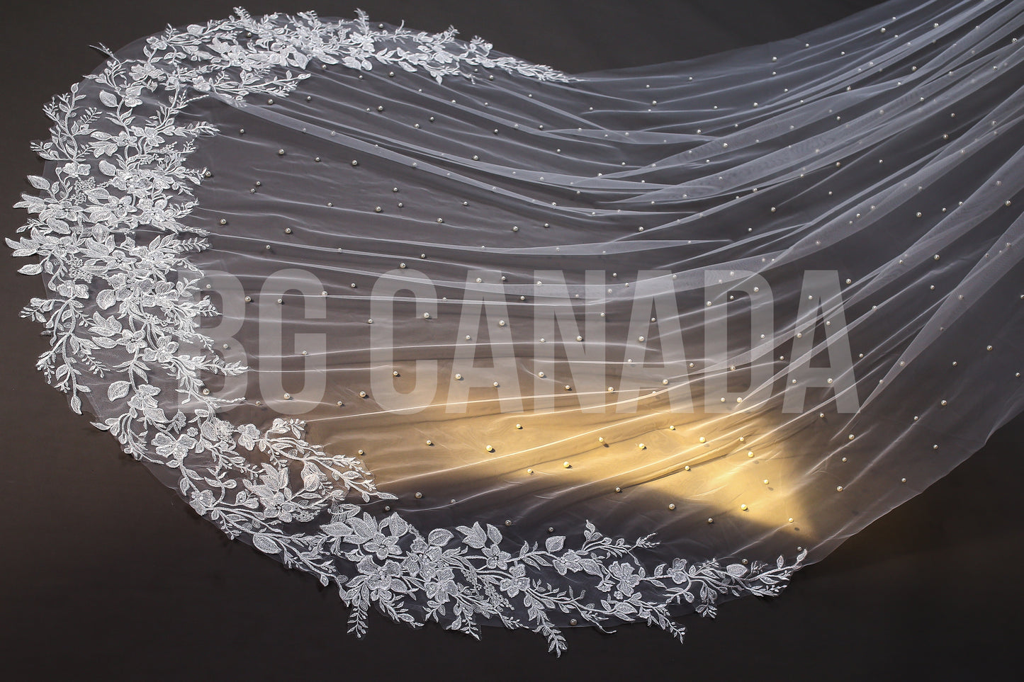 Cathedral Pearl Veil with Floral Vine Lace Trim - Celestia Pearl Blossom