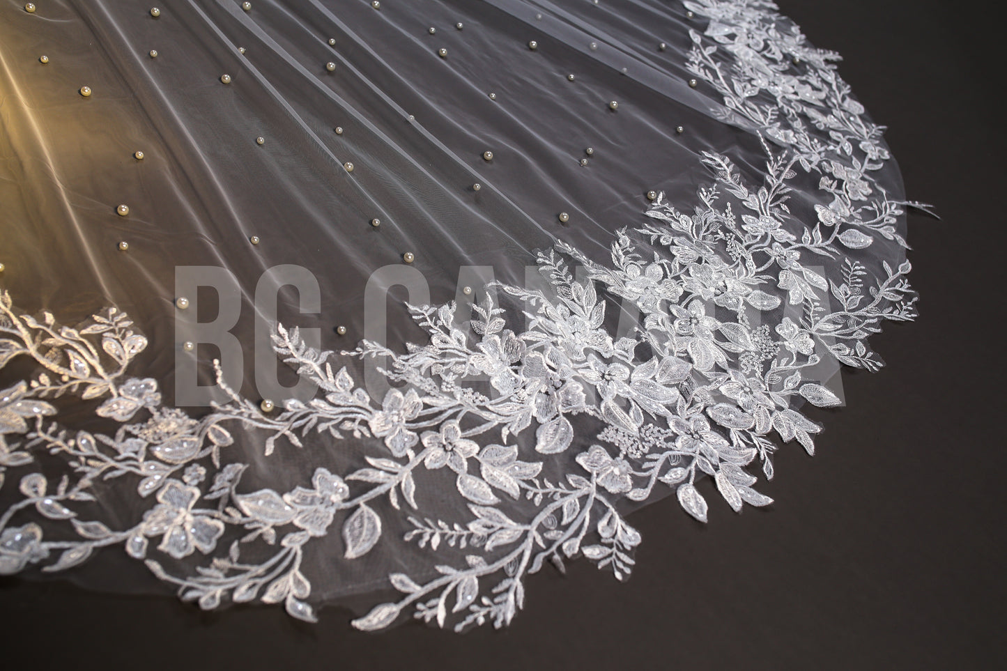 Cathedral Pearl Veil with Floral Vine Lace Trim - Celestia Pearl Blossom