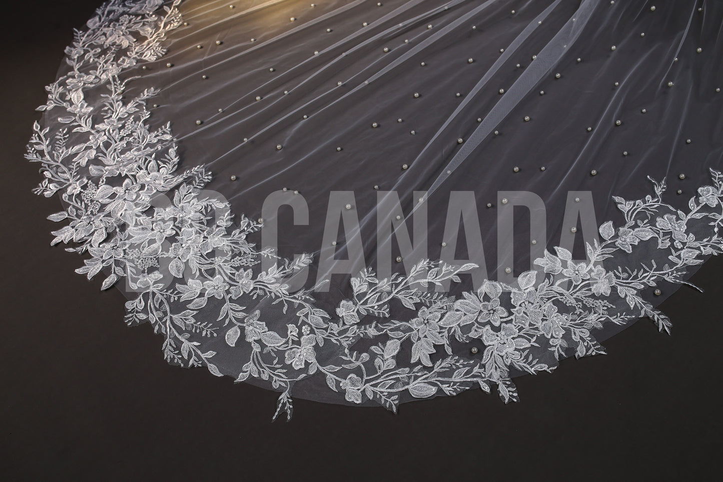 Cathedral Pearl Veil with Floral Vine Lace Trim - Celestia Pearl Blossom