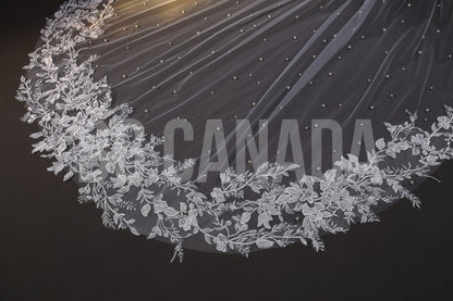 Cathedral Pearl Veil with Floral Vine Lace Trim - Celestia Pearl Blossom