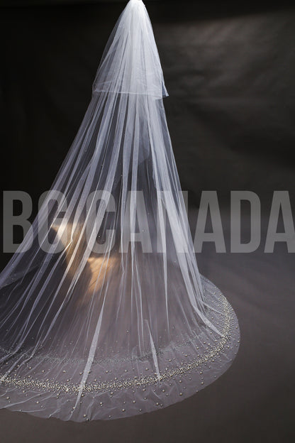 Cathedral Veil Exquisite Pearl Rhinestone Trim Cascade - Venus Pearl Elegance