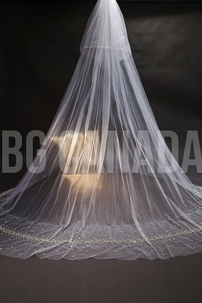 Cathedral Veil Exquisite Pearl Rhinestone Trim Cascade - Venus Pearl Elegance