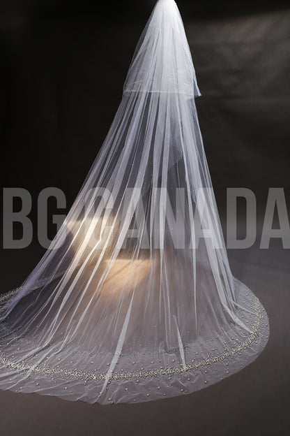 Cathedral Veil Exquisite Pearl Rhinestone Trim Cascade - Venus Pearl Elegance