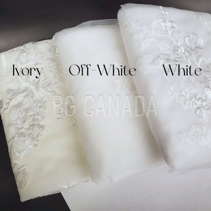 Three fabric swatches labeled 'Ivory', 'Off White', and 'White' with BG Canada branding.