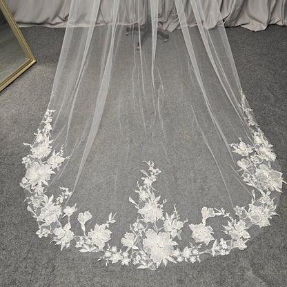 Cathedral Large Petal Floral Vine Lace Trim Cascade Veil - Luna Bloom