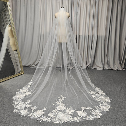 Cathedral Large Petal Floral Vine Lace Trim Cascade Veil - Luna Bloom