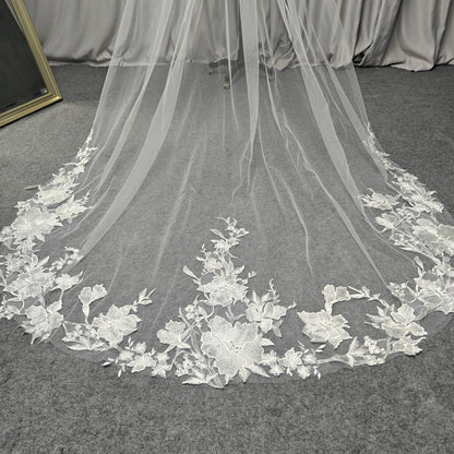 Cathedral Large Petal Floral Vine Lace Trim Cascade Veil - Luna Bloom