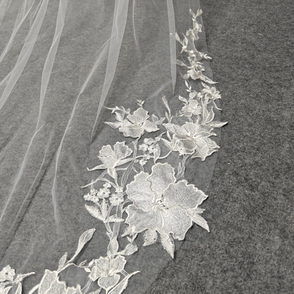 Cathedral Large Petal Floral Vine Lace Trim Cascade Veil - Luna Bloom