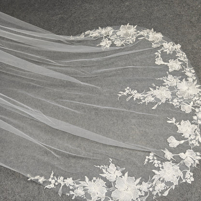 Cathedral Large Petal Floral Vine Lace Trim Cascade Veil - Luna Bloom