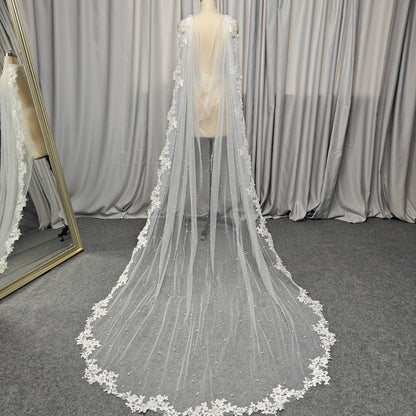 Pearl Cape Veil with Classic Leaf Vine Lace Trim - Ava Pearl Elegance