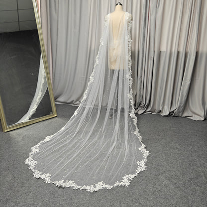 Pearl Cape Veil with Classic Leaf Vine Lace Trim - Ava Pearl Elegance