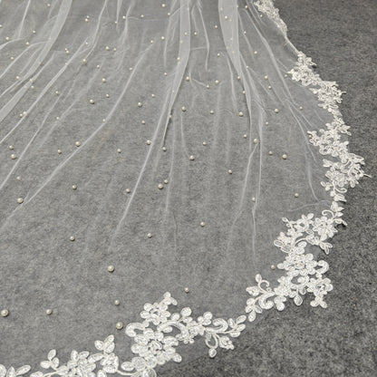 Pearl Cape Veil with Classic Leaf Vine Lace Trim - Ava Pearl Elegance