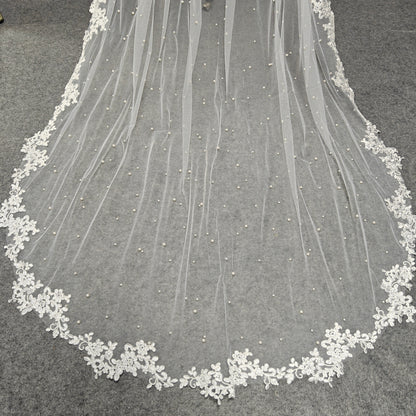 Pearl Cape Veil with Classic Leaf Vine Lace Trim - Ava Pearl Elegance