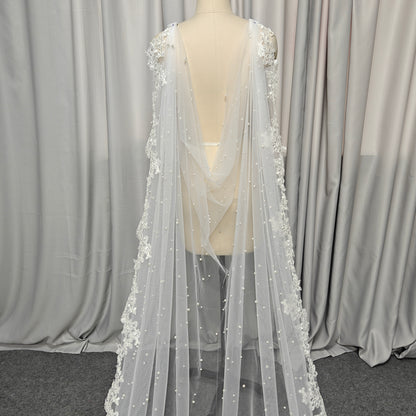 Pearl Cape Veil with Classic Leaf Vine Lace Trim - Ava Pearl Elegance