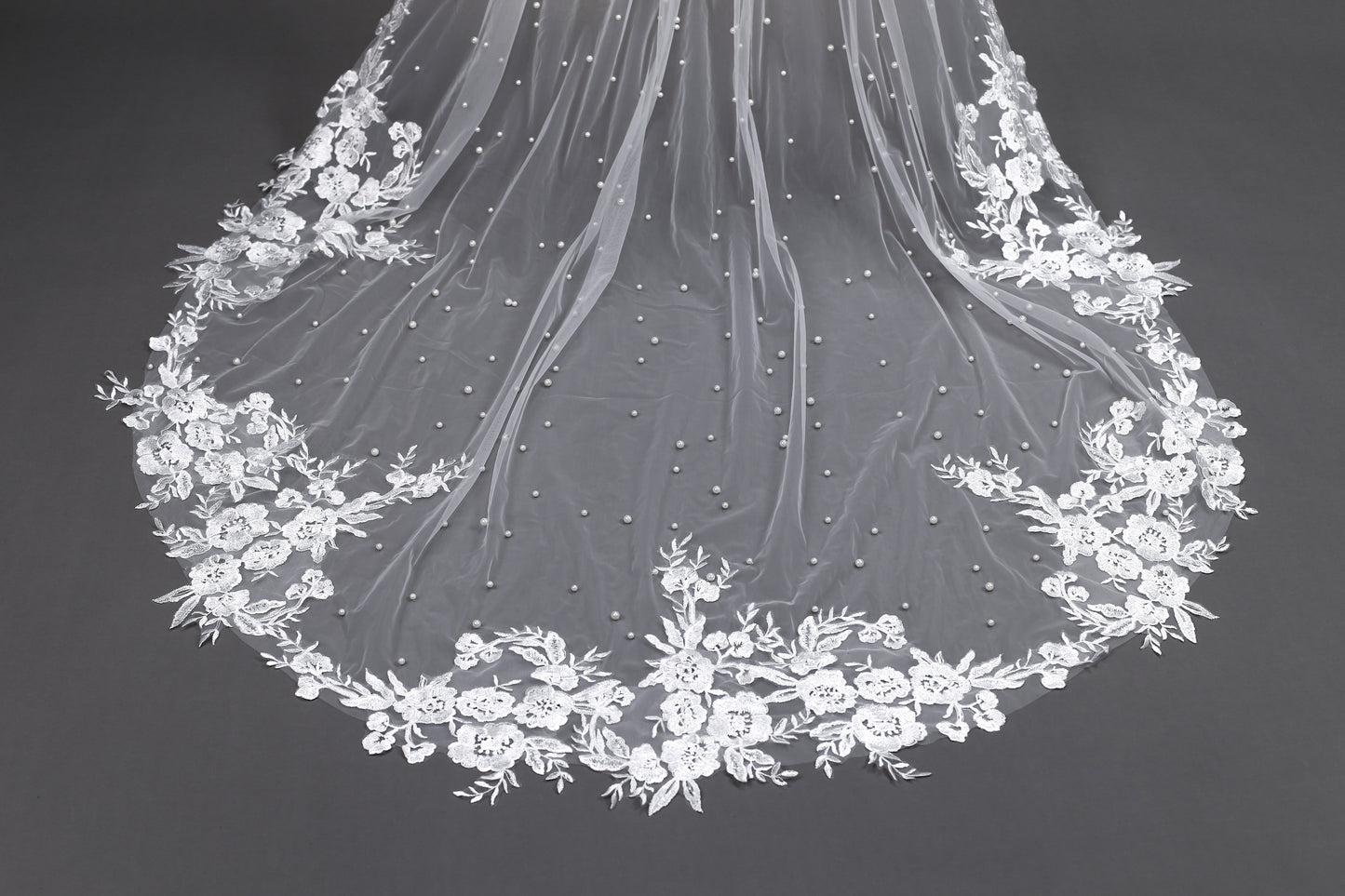 Cathedral Pearl Veil with Floral Cluster Lace Trim - Seraphina Pearl Blossom