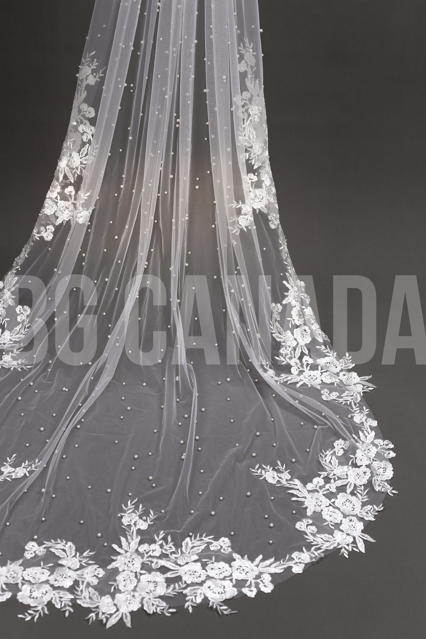 Cathedral Pearl Veil with Floral Cluster Lace Trim - Seraphina Pearl Blossom